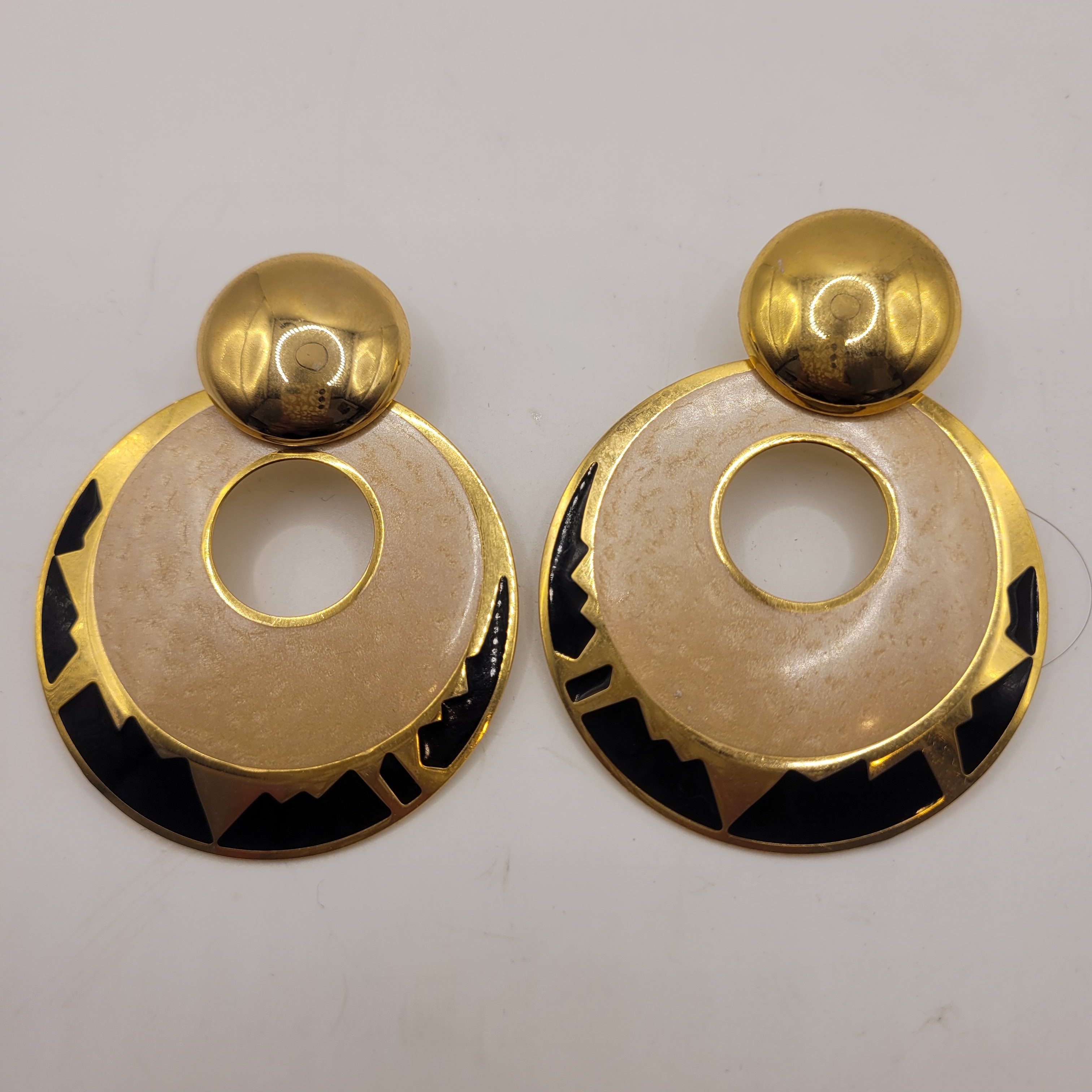 Vintage Signed Berebi Cut Out Gold Black Cream Enamel Pierced Earrings